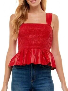 Pants Store Faux Leather Smocked Peplum Top Red Large